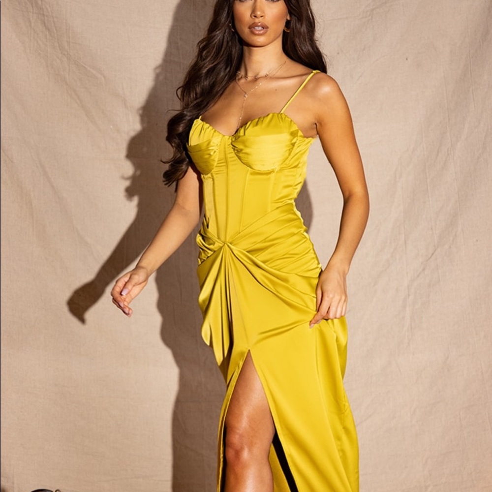 Premium Chartreuse Constructed Satin Strappy Corset Draped Midaxi Dress